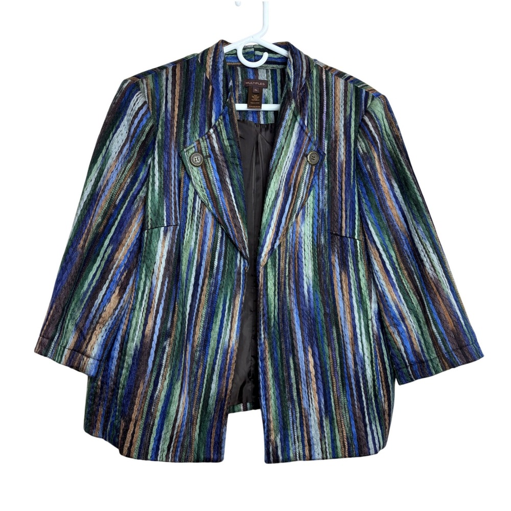 Multiples Womens XL Blue Green Striped Open Front Blazer Jacket Chunky Yarn